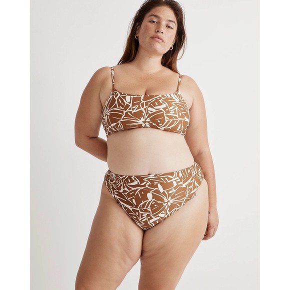 Madewell Tie Back Bikini White Gold Abstract Floral Sepia Plus Size 4x - Picture 6 of 12